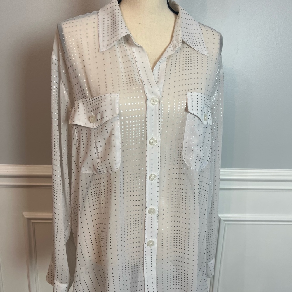 Ellen Tracy Women’s Sheer White And Silver Button Down Shirt Size XL